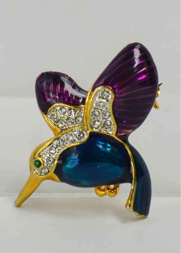 Goldtone,Enamel & Rhinestone Hummingbird Brooch