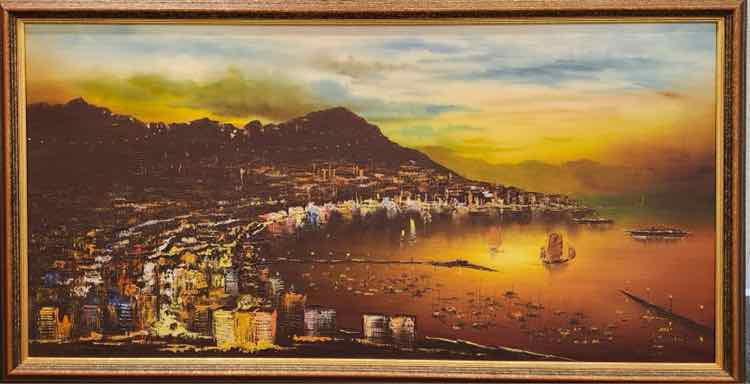 Asian City Harbor Oil Painting