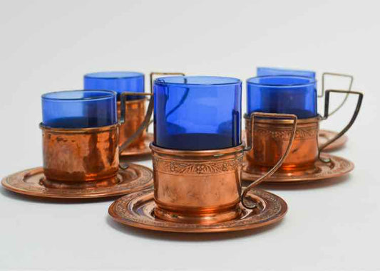 Blue Glass/Copper Espresso Cups & Plates