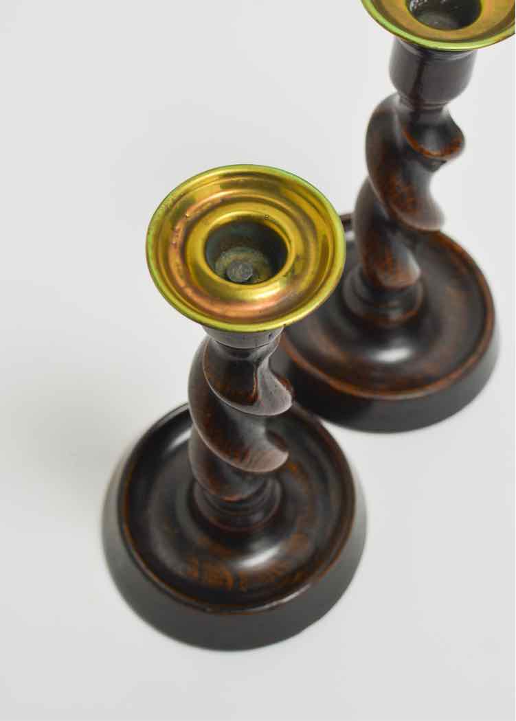 Oak Twist Candlesticks w/Brass Tops