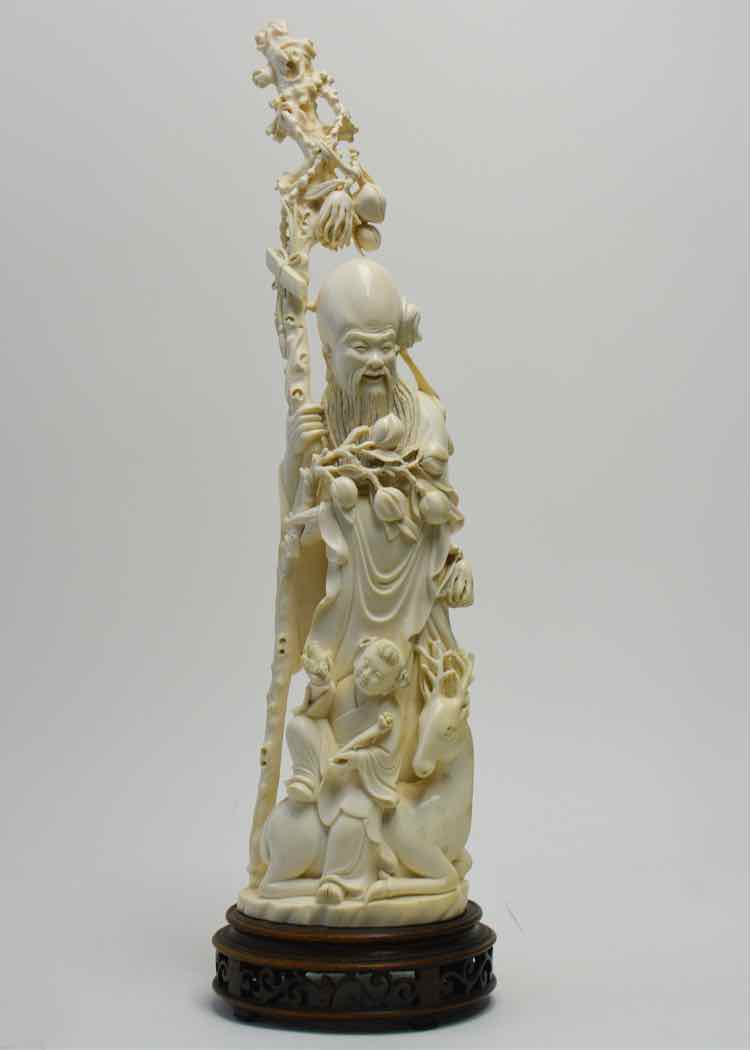 Vtg. Shou Lao w/Deer & Child Intricate Carving