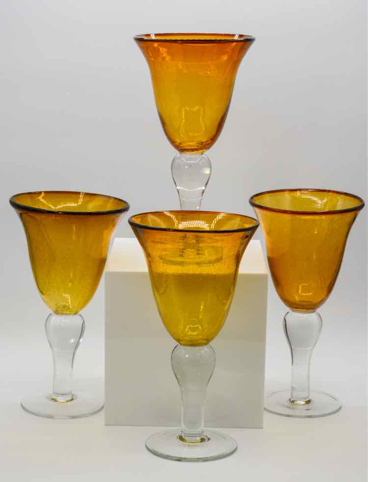 Set of 4 Hand Blown Amber Wine Goblets