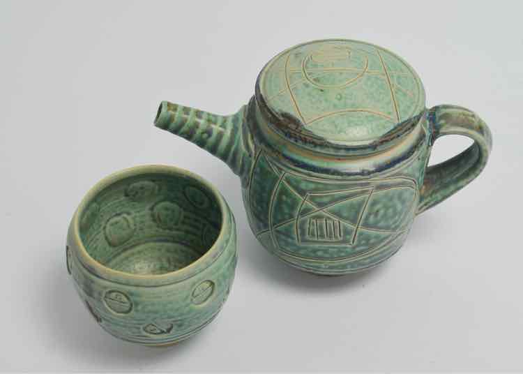 Signed Celadon Glazed Teapot & Tea Bowl