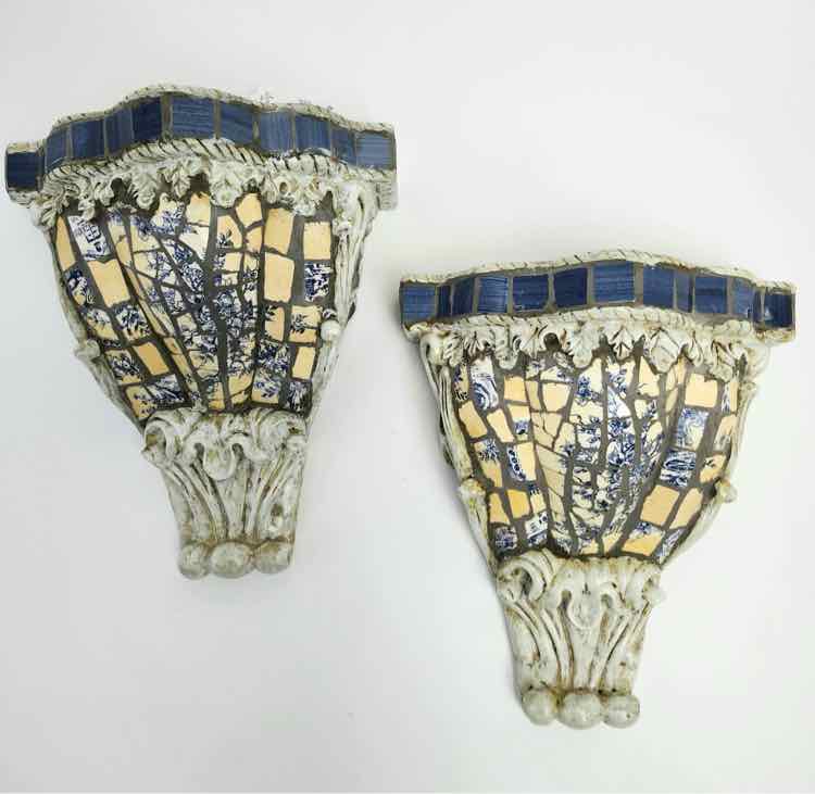 Pair of Mosaic Tile Corbel Style Wall Shelves