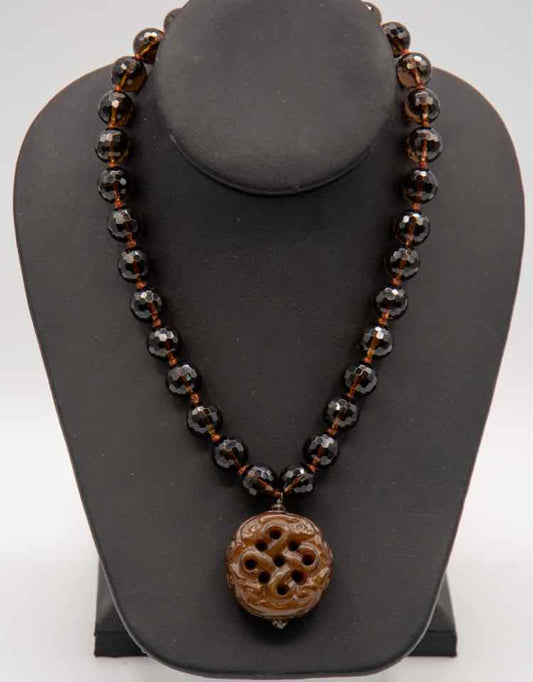 Carved Jade .925 Smoky Quartz Necklace