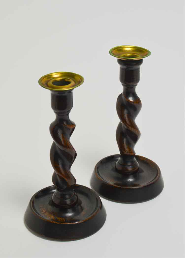 Oak Twist Candlesticks w/Brass Tops