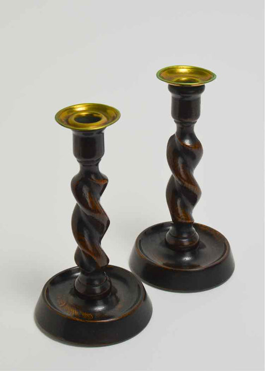 Oak Twist Candlesticks w/Brass Tops