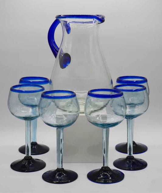 Glassware 6 Mexican Hand Blown Glass Goblets w/ Pitcher