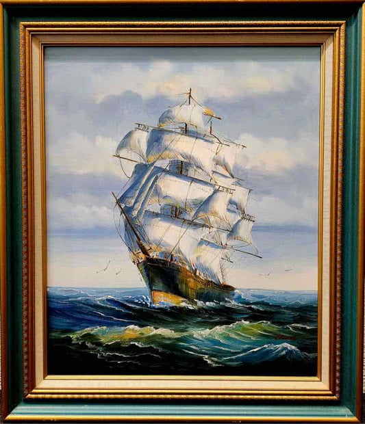 19th Century Sailing Ship Oil, Charles Charnet