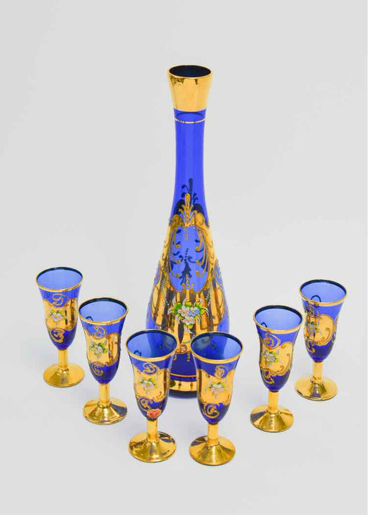 Vtg. Cobalt Blue & Gold Glass Decanter Set