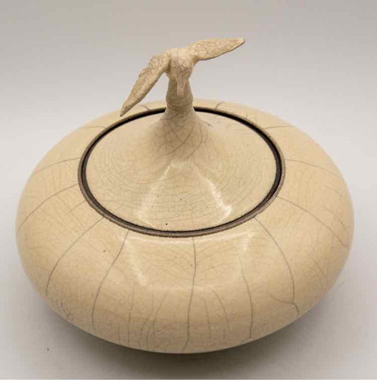 White Crackle Trinket Dish w/ Bird Lid