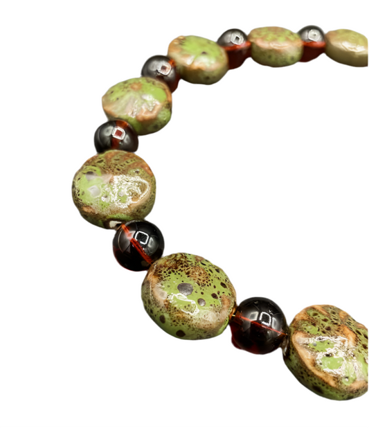 Green Ceramic/Amber Bead Necklace