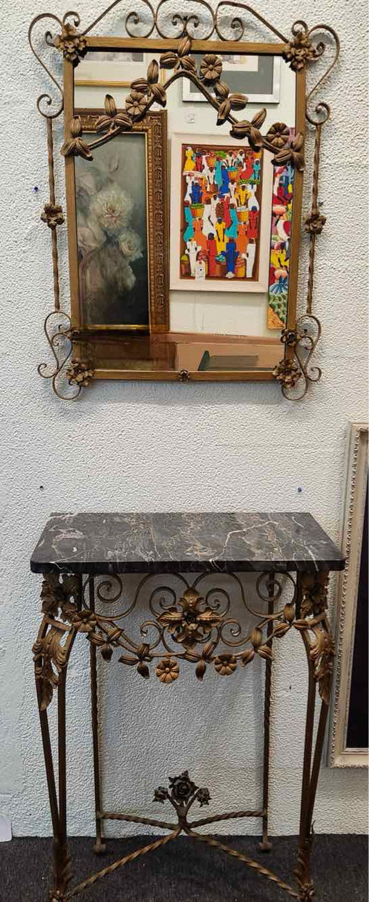 Antique Gold w/ Black Stone Entry Table & Mirror