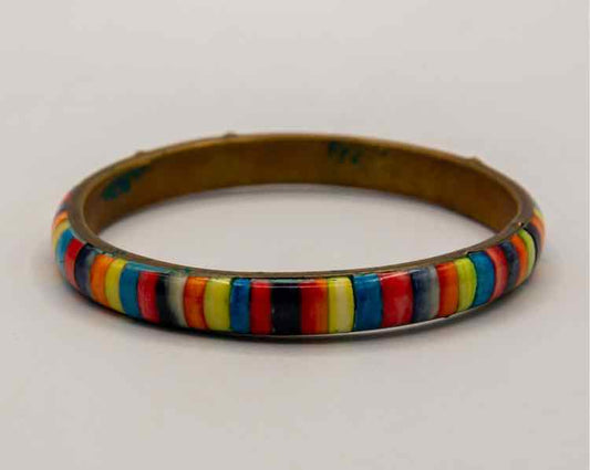 Vtg. Multi-Colored Inlaid Brass Bracelet