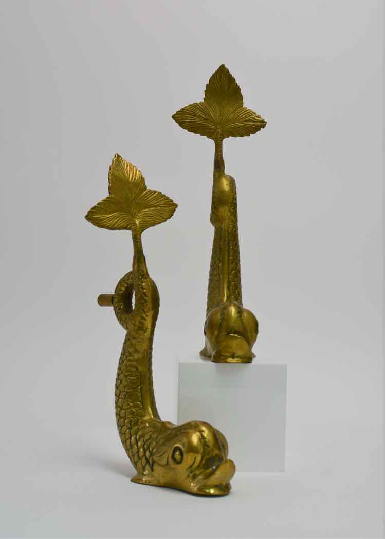 Pair of Vtg. Brass Koi Andirons