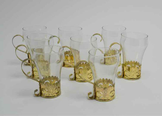 8 Irish Coffee Glasses w/Goldtone Holders