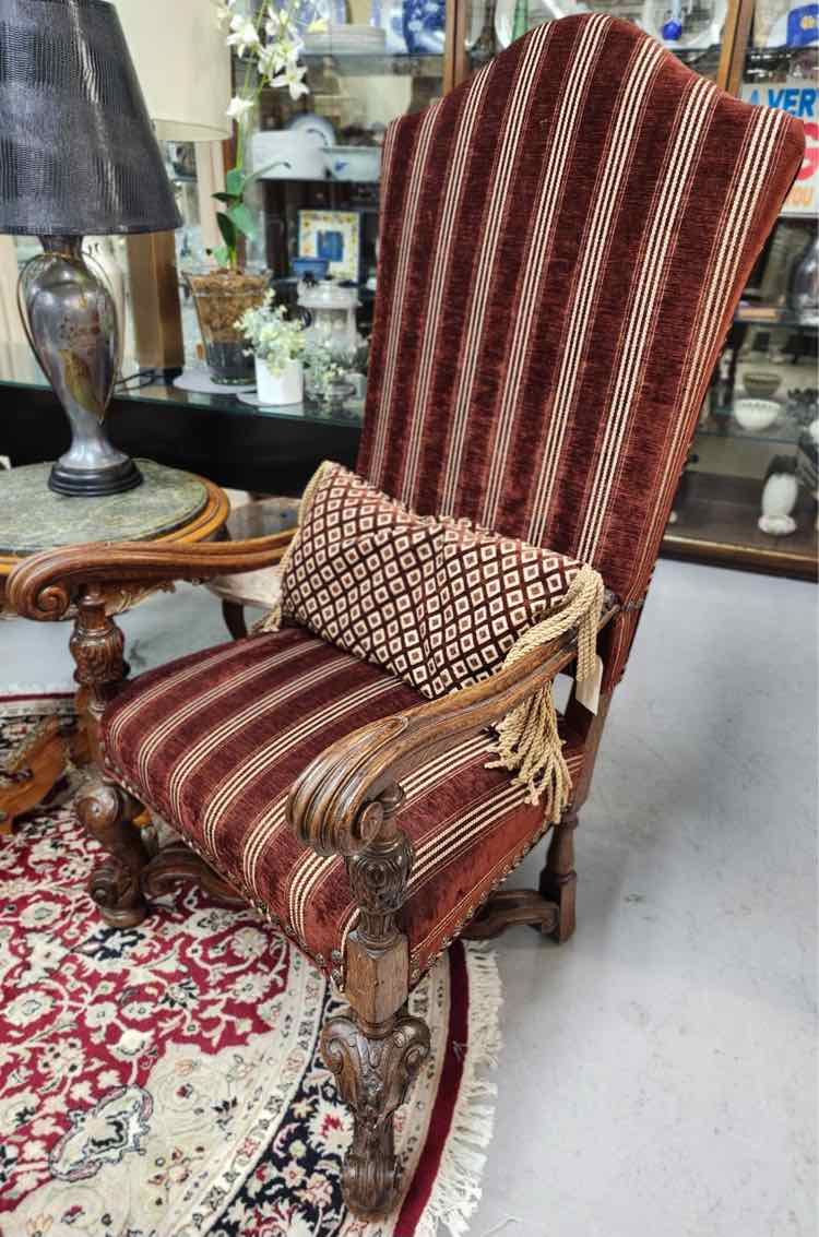 Pair Jacobean Maroon Striped "King" Armchairs