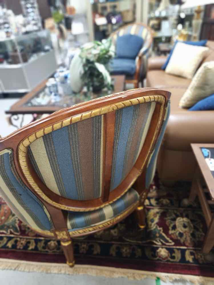 Pair Blue & Gold Stripe "Built Well" Rounded Chairs