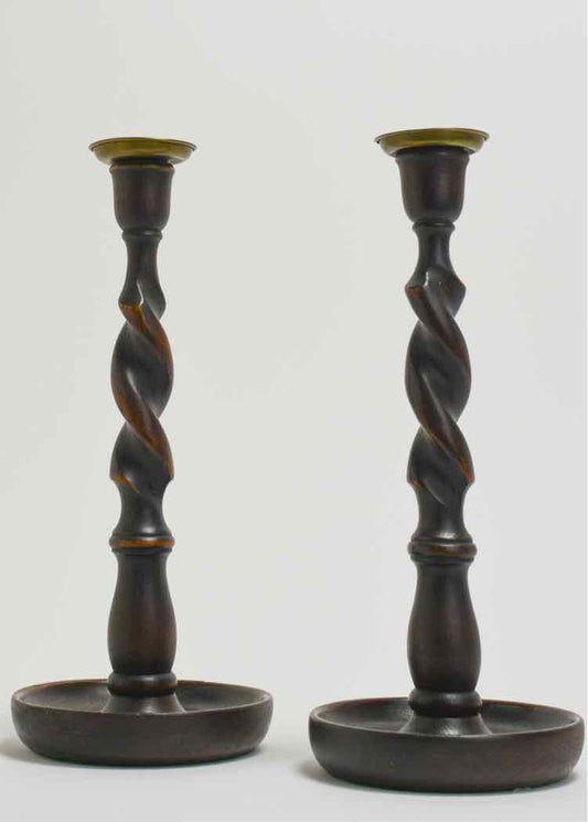 Pair of Oak Twist Candlesticks