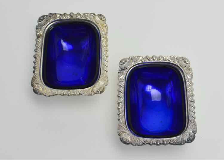 Pair William Adams English Cobalt Glass Lined Silver Plate Salt Dishes