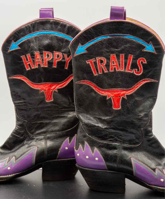 Custom'Happy Trails'Black/Purple Leather Boots 6.5