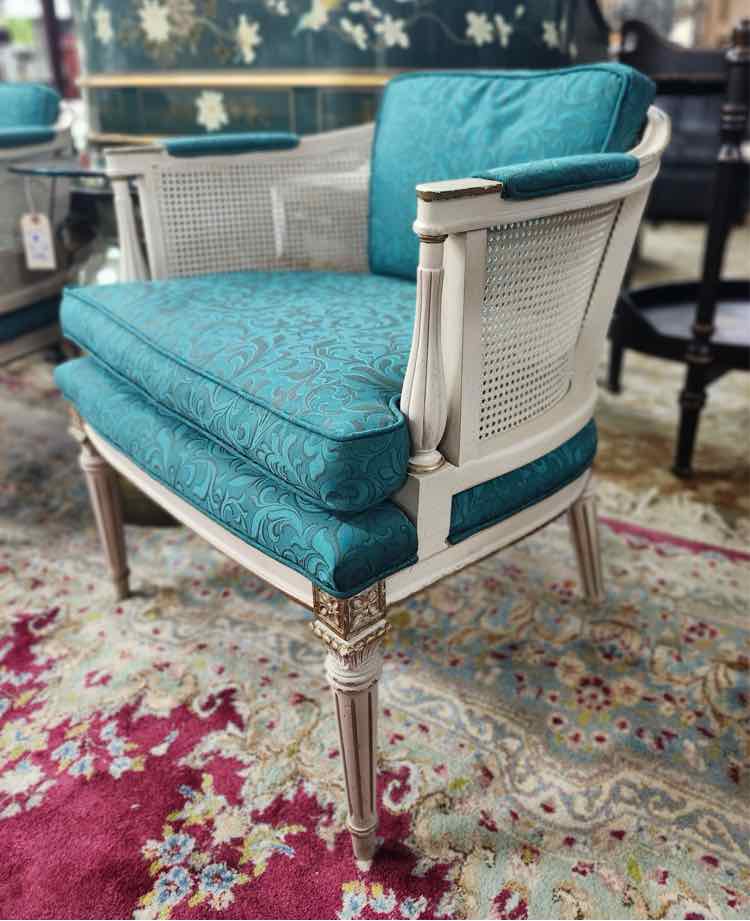 Pair of Green Upholstered Cane Back Chairs
