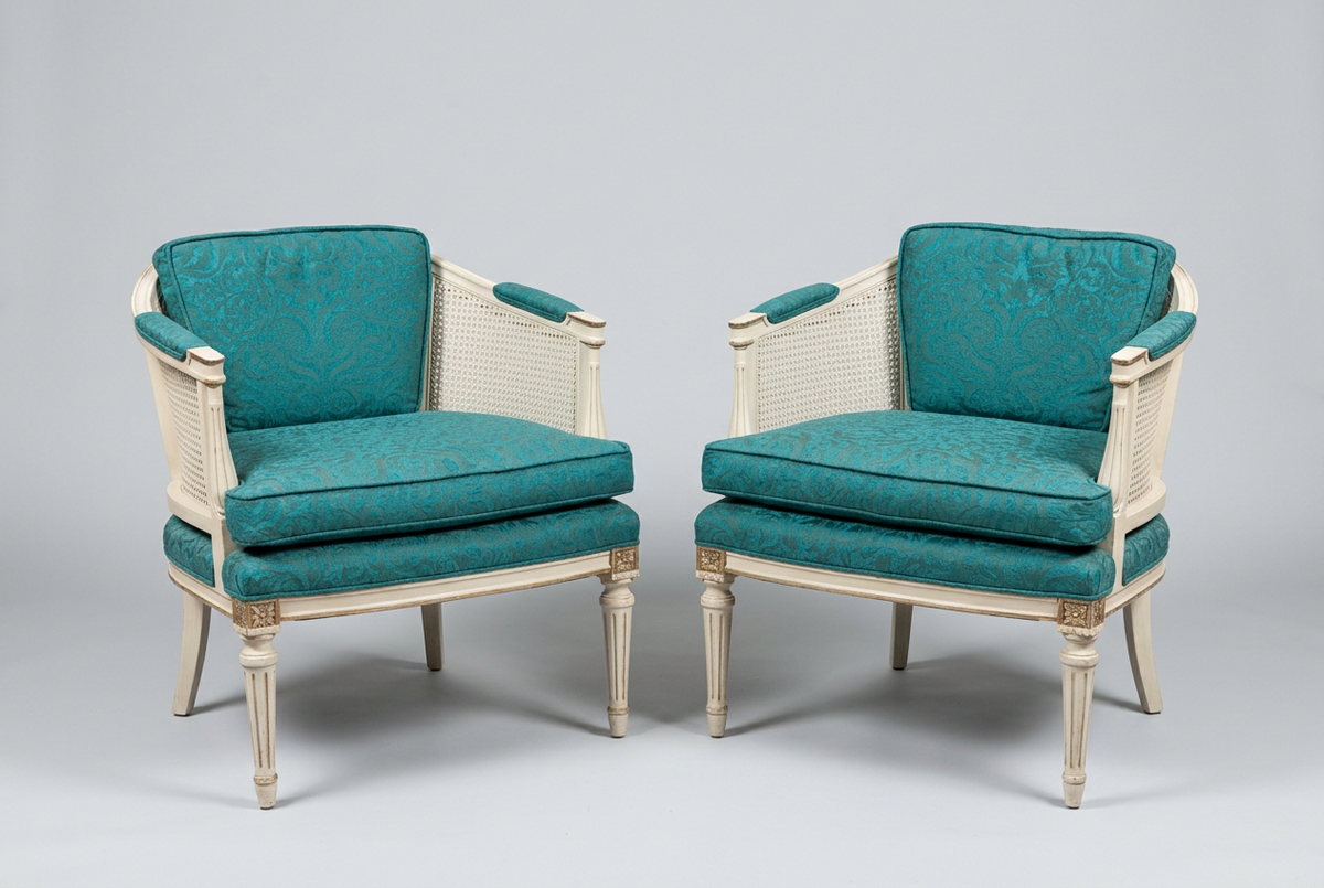 Pair of Green Upholstered Cane Back Chairs
