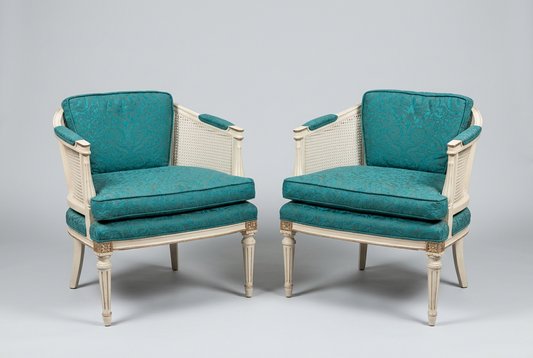 Pair of Green Upholstered Cane Back Chairs