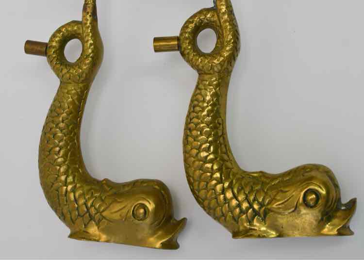 Pair of Vtg. Brass Koi Andirons