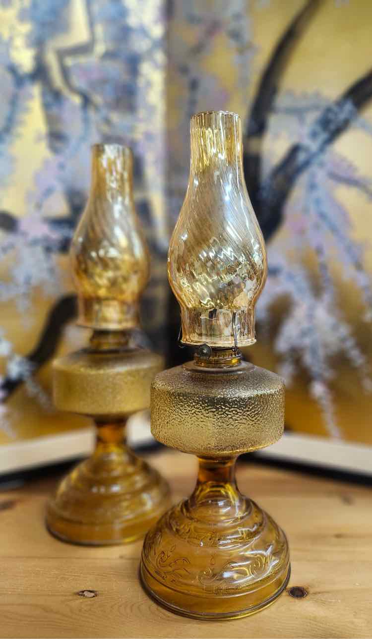 Pair Amber Glass Oil Lamps