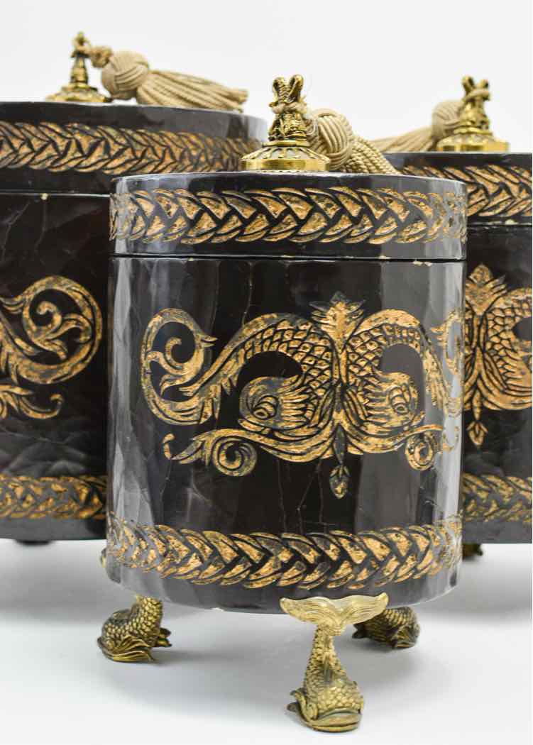 Black & Gold Chinoiserie Dragon Canister Set
