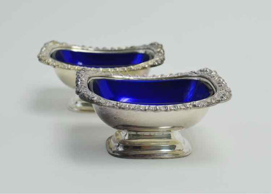 Pair William Adams English Cobalt Glass Lined Silver Plate Salt Dishes