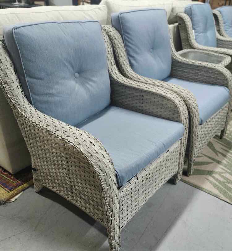 Pair of Wicker Arm Chairs w/Blue Cushions
