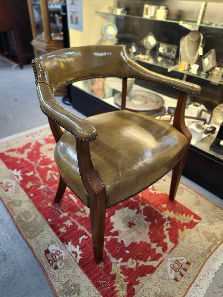 Olive Green Leather Nailhead Arm Chair