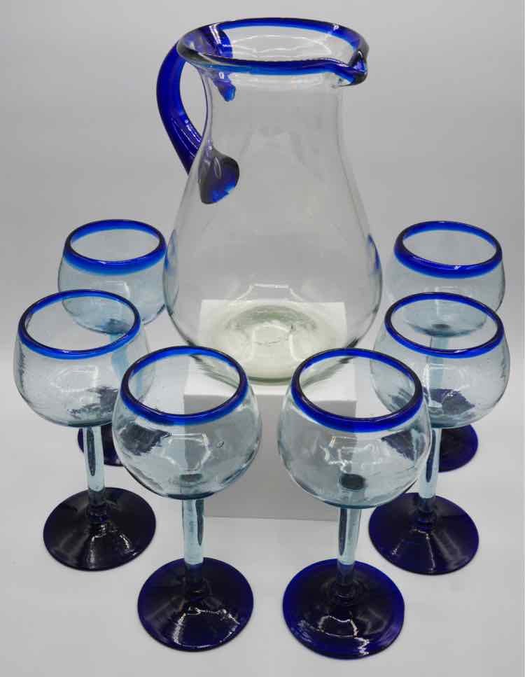 Glassware 6 Mexican Hand Blown Glass Goblets w/ Pitcher