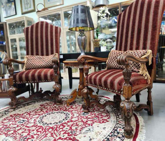 Pair Jacobean Maroon Striped "King" Armchairs