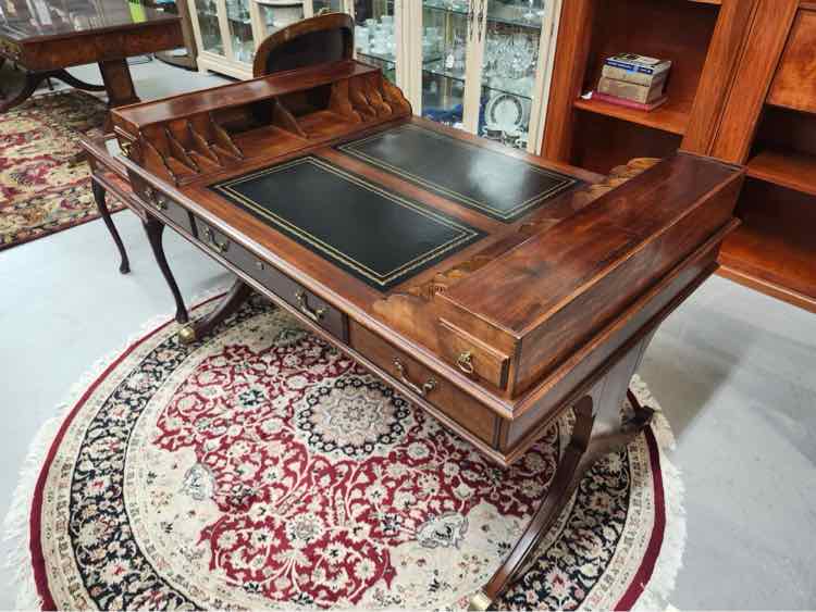 English Black Leather Top Partners Desk