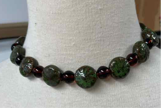 Green Ceramic/Amber Bead Necklace