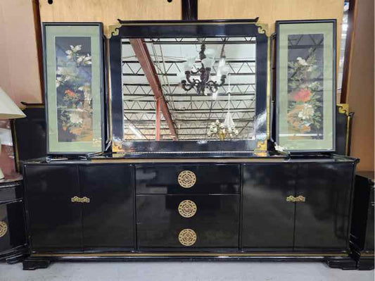 Black Lacquer Dresser w/ Brass Accents & Mirror