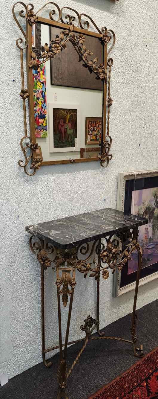Antique Gold w/ Black Stone Entry Table & Mirror
