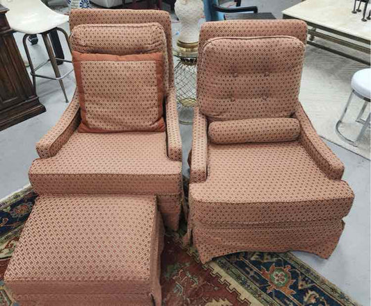 Pair of Orange Print Chairs w/Ottoman