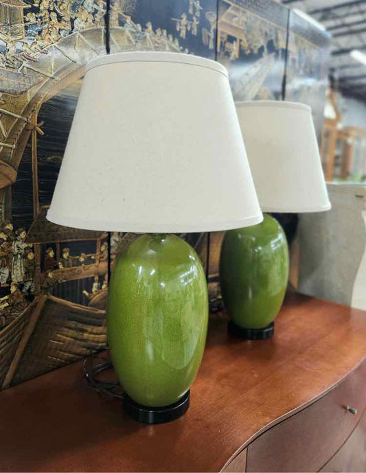 Pair of Green Crackle Porcelain Lamps