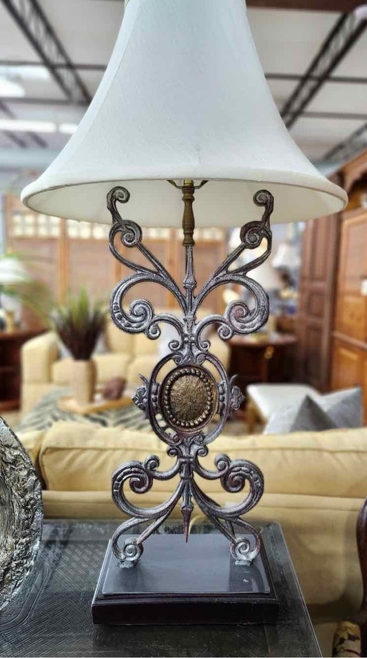 Pair Iron Scroll w/ Medallion Lamps