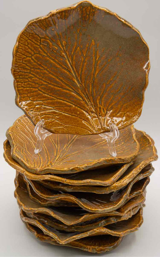 Set of 10 Leaf Pattern Pottery Salad Plates