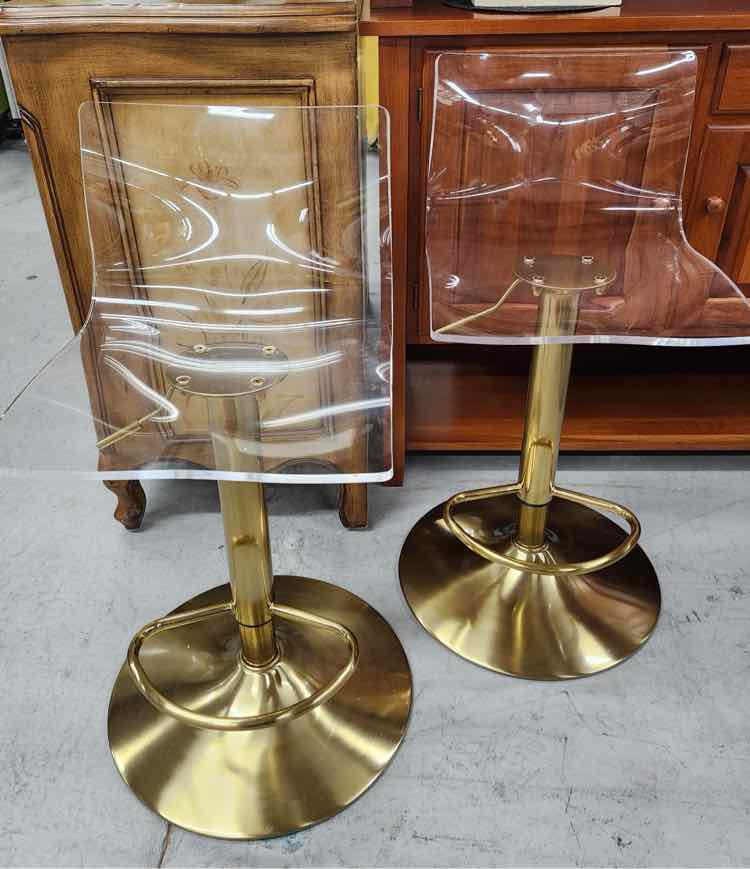 Pair of Gold & Lucite Adjustable Barstools