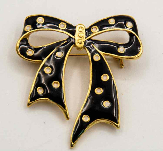 Vtg.Goldtone Black/Polka Dot Bow Pin