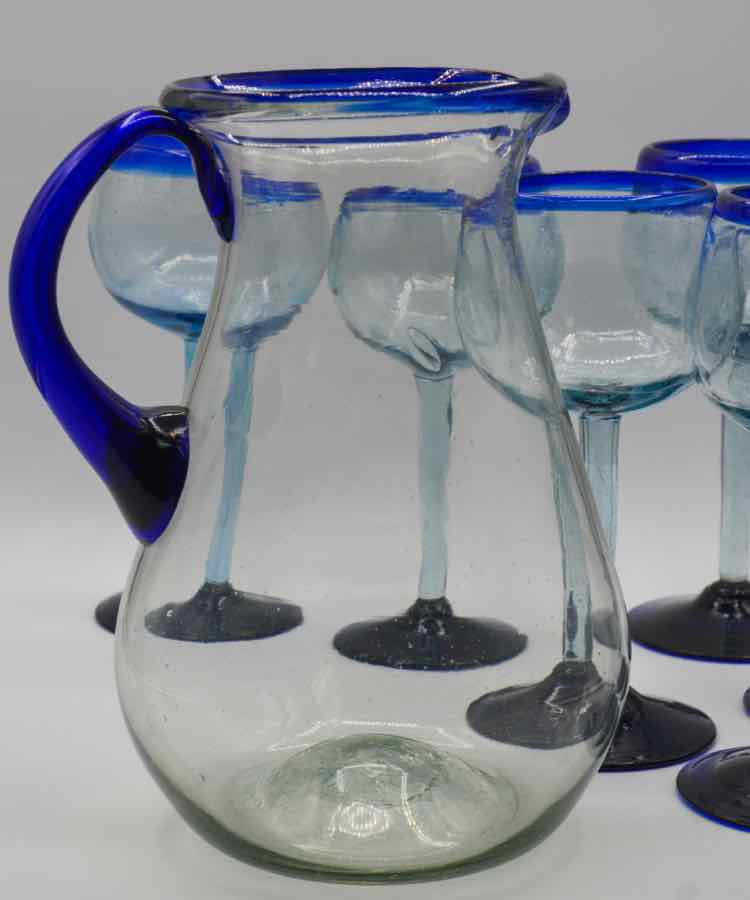 Glassware 6 Mexican Hand Blown Glass Goblets w/ Pitcher
