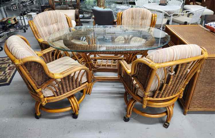 Oval Rattan Glass Top table w/ Four Chairs