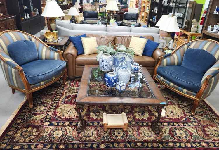 Pair Blue & Gold Stripe "Built Well" Rounded Chairs