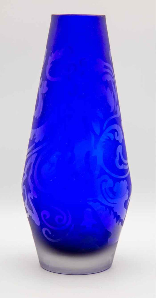 Vtg. Cobalt Blue Etched Vase 10”